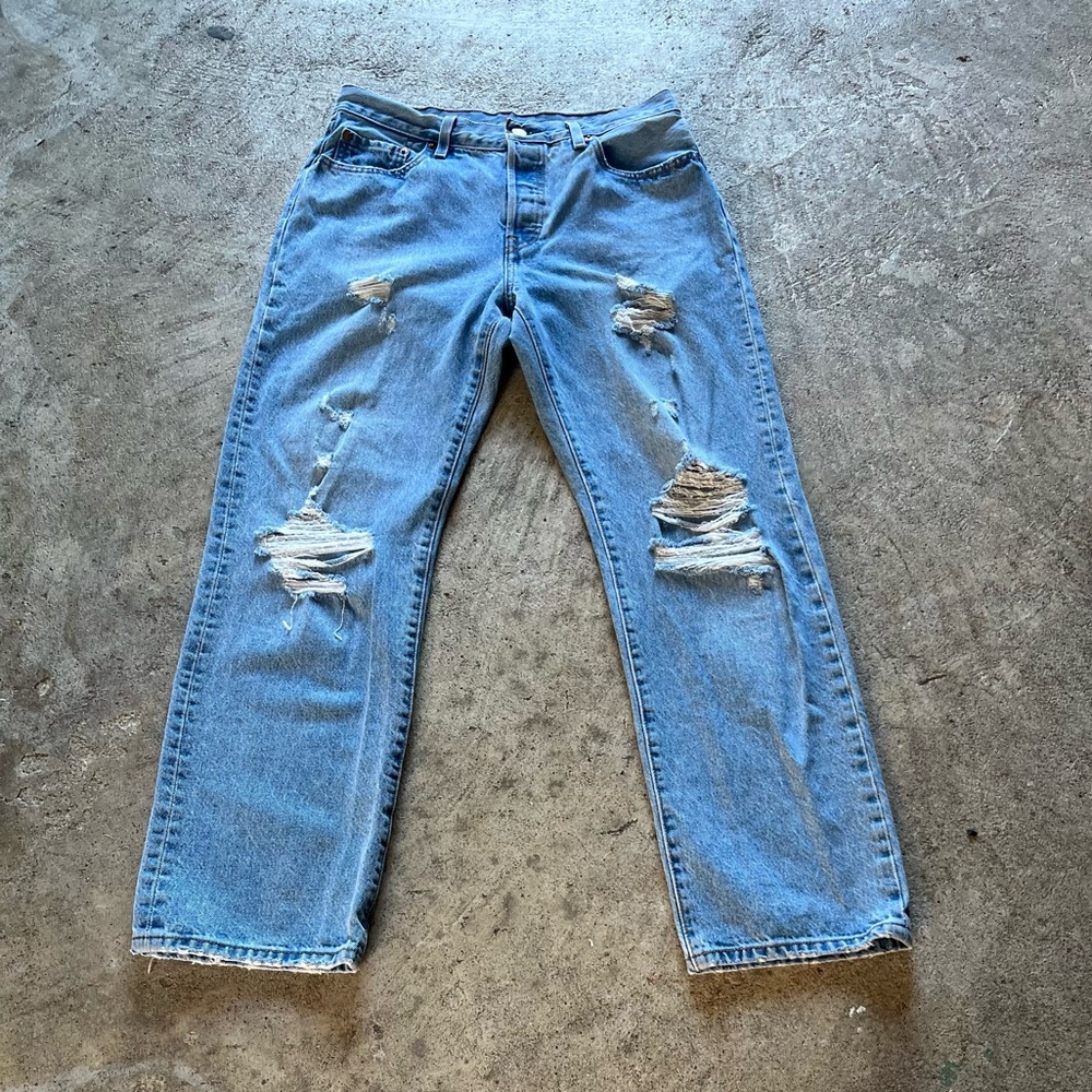 Light Blue Distressed Straight-Leg Jeans